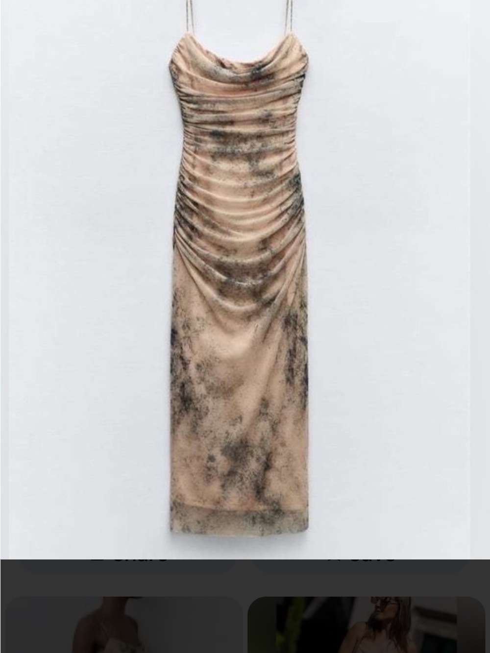 Endless Moon Beige Marble-Print Ruched Slip Maxi Dress